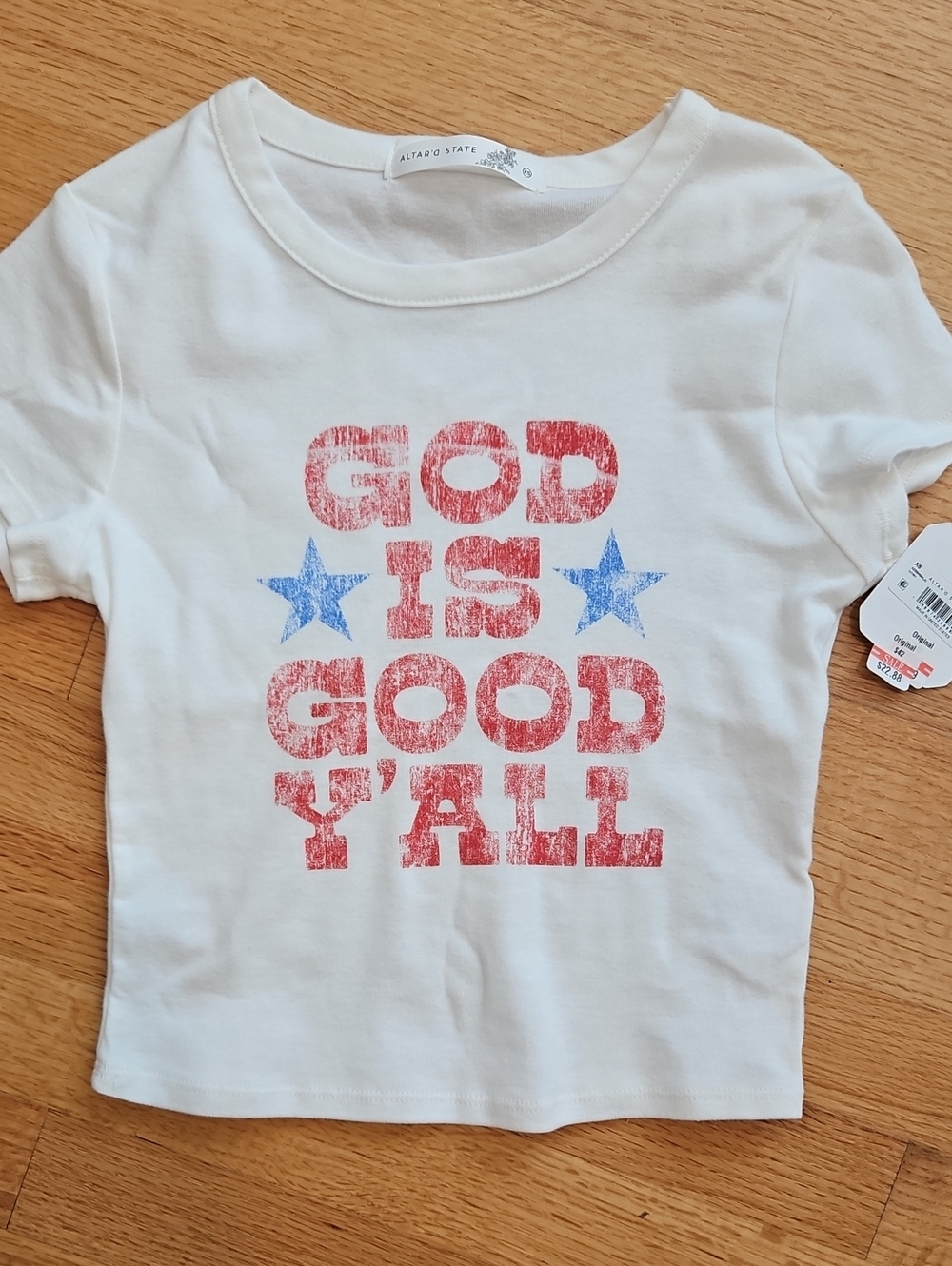 Altar'd State White Tee with Red & Blue 'God Is Good Y'all' Graphic